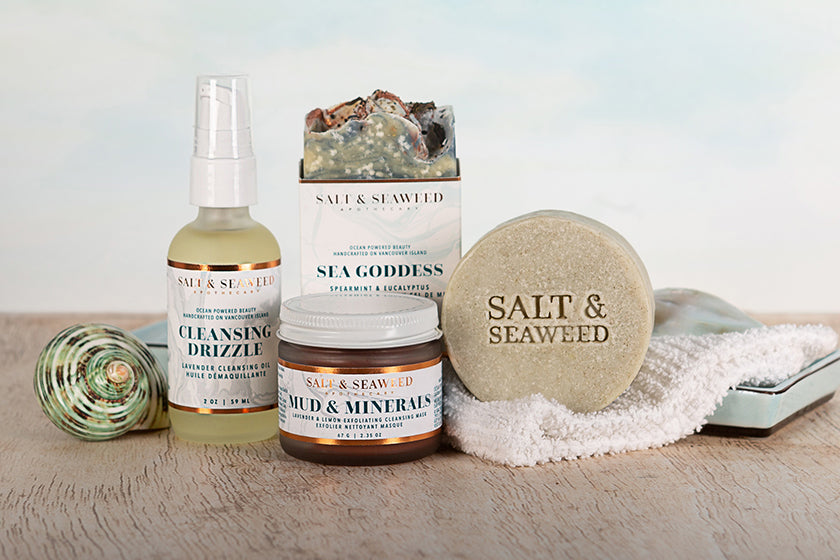 salt and seaweed infused cleansing skin care products